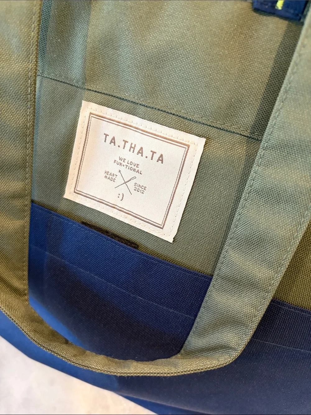 Olive & Navy Canvas Tote Bag with Yellow Accent